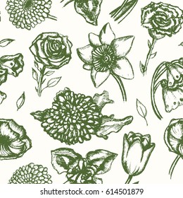 Beautiful Flowers - monochromatic vector hand drawn seamless pattern. Realistic rose, lily of the valley, tulip, daisy, iris, lily, chrysanthemum, carnation, poppy, narcissus.