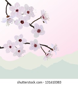 Beautiful flowers on almond background silhouettes mountains