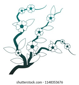 Beautiful flowers on branch in blue lines