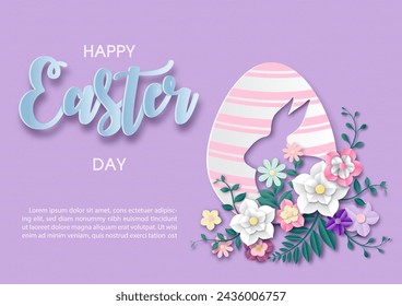 Hermosas flores en el huevo de Pascua cortadas en la forma de un conejo en estilo de corte de papel y diseño vectorial con la redacción del día de Pascua y textos de ejemplo sobre fondo de patrón de papel púrpura.