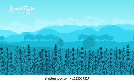 Beautiful flowers on the mountainside vector. Summer nature Template land page wallapapers design concept. Flora on hill invitation concept. Layout modern design