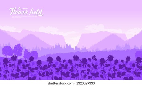 Beautiful flowers on the mountainside vector. Summer nature Template land page wallapapers design concept. Flora on hill invitation concept. Layout modern design