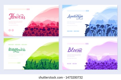 Beautiful flowers on the mountainside vector brochure cards set. Summer nature template of flyear, magazines, poster, books, banners. Flora on hill invitation concept. Layout 
