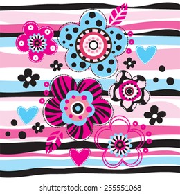 beautiful flowers on striped background greeting card vector illustration