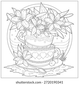 Hermosas flores en la parte superior de tazas de cerámica con adorno decorativo, aprendizaje y educación para colorear ilustración de página para adultos y niños. Estilo de contorno de Vector, dibujo en blanco y negro para varios propósitos.