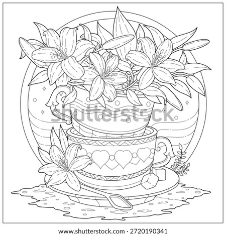 Beautiful flowers on top of ceramic cups with decorative ornament, Learning and education coloring page illustration for adult and children. Vector outline style, black and white drawing for various purposes.