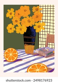 Hermosas flores en florero de Ilustración vectorial vintage dibujado a mano de colores. Arte estético de la pared, decoración, cubierta, diseño del cartel.