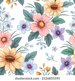 Beautiful flowers on white color background seamless pattern for fabric textile wallpaper fashion design gift wrapping paper.