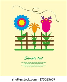 Beautiful flowers outside the fence. Illustration.