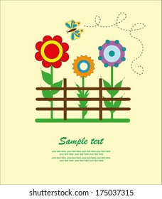Beautiful flowers outside the fence. Illustration.