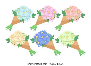 Beautiful flowers in paper wraps vector illustrations set. Cartoon drawings of colorful bouquets isolated on white background. Nature, beauty, spring, celebration concept