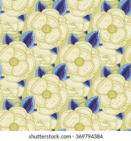 Beautiful flowers pattern. The buds of apple or cherry blossoms. Gentle khaki, gold and blue hues. Spring flowers.