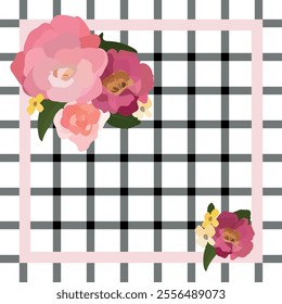 Beautiful Flowers Pattern on checkered background for textile pattern. Pink Flower bouquet vector pattern on black and white plaid background for textile pattern,fashion print, hijab scarf and foulard