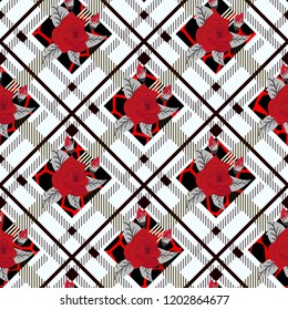 beautiful flowers pattern on plaid background. pattern of rose, eps 10