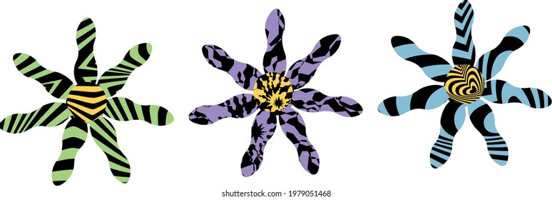 beautiful flowers with patterns of optical illusions and round yellow centers on a white background nature icons