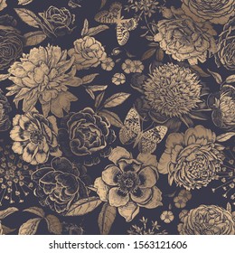 Beautiful flowers peonies, roses and butterflies. Black and gold foil print. Nature template. Summer background. Vintage. Vector illustration. Luxurious seamless pattern for paper, wallpaper, textile.