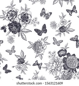 Beautiful flowers peonies, roses and butterflies. Black and white nature template. Summer background. Vintage. Vector illustration. Luxurious seamless pattern for paper, wallpaper, textile.