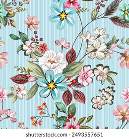 Hermosas flores, rosa, azul, púrpura, dibujado a mano, sin costuras, sobre un fondo de rayas azul-blanco. Diseñado para tela, moda, textiles, Fondo de pantalla, envoltura de regalo.