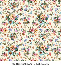 Beautiful flowers, pink, blue, purple, yellow, hand drawn, seamless, on a light yellow background. Designed for fabric, fashion, textiles, wallpaper, gift wrap.