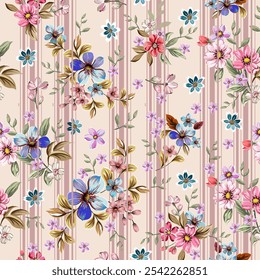 Beautiful flowers, pink, blue, purple, pink, vintage style, hand drawn, seamless, on a light-dark pink striped background. Designed for fabric, fashion, textiles, wallpaper, gift wrap.