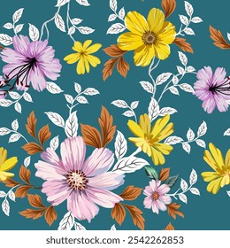 Beautiful flowers, pink, yellow, brown, white, hand drawn, seamless, on a blue-gray background, designed for fabric, fashion, textile, wallpaper, gift wrap.