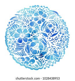 Beautiful flowers and plants in the circle. Hand drawn vector illustration with watercolor background.