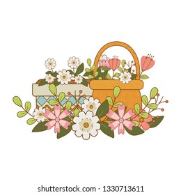 beautiful flowers in pot and basket straw