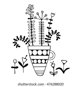 Beautiful Flowers In Pot. Monochrome Vector Illustration.
