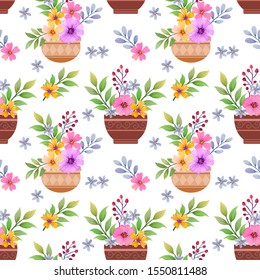 beautiful flowers in pot seamless pattern.