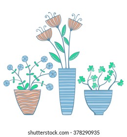 Beautiful Flowers In Pots. Vector Illustration.