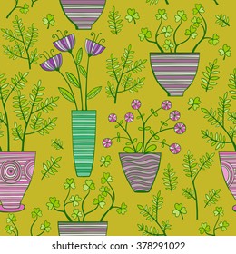 Beautiful Flowers In Pots. Vector seamless pattern.