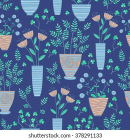 Beautiful Flowers In Pots. Vector seamless pattern.