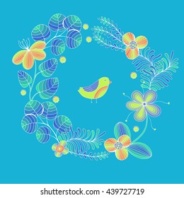 Beautiful Flowers round frame with bird. Vector Illustration.
