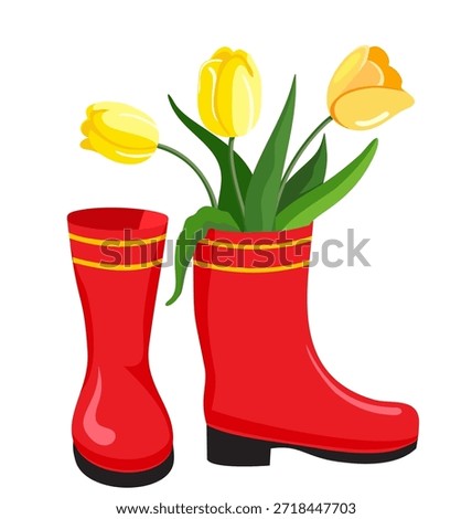 Beautiful flowers in rubber boot. Spring composition in cartoon style. Spring boots with tulips. Hello spring. Holiday design for women's day
