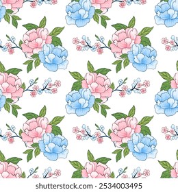 Beautiful flowers seamless pattern. With blue and pink color tone. Design for wrapping paper, wallpaper, background, fabric, carpet, decorative, textile, printing.