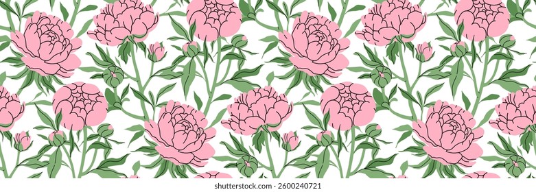 Beautiful flowers seamless pattern. Delicate pink rose with stem and leaves, small bud. Botanical spring pattern. For wallpaper, textiles. Coquette Aesthetic style. Elegant vintage Vector illustration