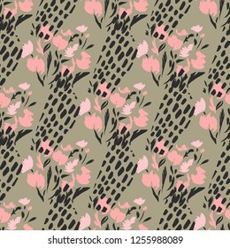 Beautiful Flowers Seamless Pattern with Hand Drawn Brush Strokes. Trend Print Wallpaper.Hand Drawn Illustration for Surface , Invitation , Notebook, Banner , Wrap Paper ,Textiles, Cover