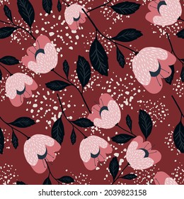 Beautiful flowers seamless pattern on red backg. Botany texture. Floral wallpaper. Decorative ornament. Romantic elegant design for fabric, textile print, wrapping, cover. Vintage vector illustration.