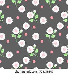 Beautiful flowers seamless pattern with pink dot on gray background.