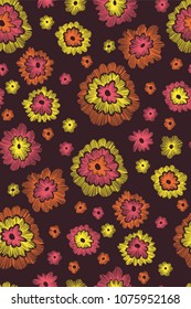 Beautiful flowers seamless pattern in retro style hand drawn. Spring summer season.Vector illustration. Embroidery design. Line art.