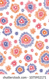 Beautiful flowers seamless pattern in retro style hand drawn. Spring summer season.Vector illustration. Embroidery design. Line art.