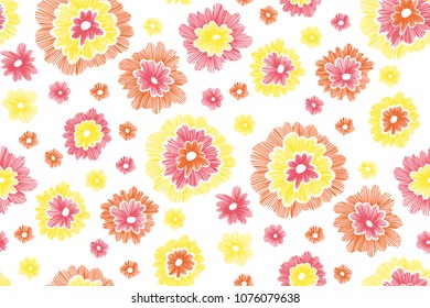 Beautiful flowers seamless pattern in retro style hand drawn. Spring summer season.Vector illustration. Embroidery design. Line art.