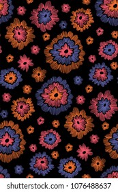 Beautiful flowers seamless pattern in retro style hand drawn. Spring summer season.Vector illustration. Embroidery design. Line art.