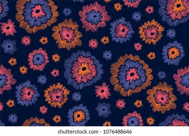 Beautiful flowers seamless pattern in retro style hand drawn. Spring summer season.Vector illustration. Embroidery design. Line art.