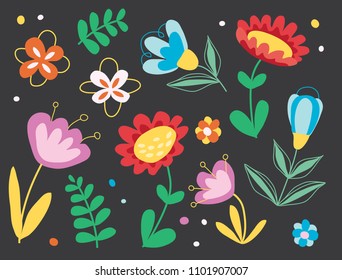 Beautiful Flowers set. Floral design elements isolated on black background. Doodle hand drawn flowers and leaves. Wildflowers collection, summer nature. Vector illustration