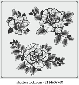 Beautiful flowers set . Print design for t-shirt. Vector illustration.