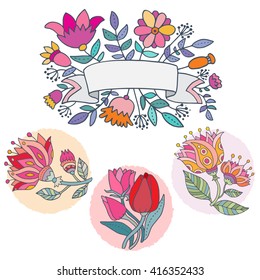 Beautiful flowers set. Tulip bouquet, hibiscus, fantasy flowers. Cute floral vignette with ribbon, frame for the text. Lovely vector illustration. 