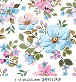 Beautiful flowers in shades of blue Sweet pink, hand drawn, seamless, on a black background. Designed for fabric, fashion, textiles, wallpaper, gift wrap.