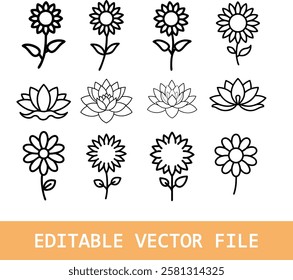 Beautiful flowers silhouette set isolated 