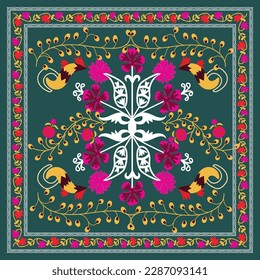 Hermosas flores de la alfombra de Suzani - un tradicional elemento interior doméstico en Uzbekistán. Producto de la industria textil. Usando ahora para crear interiores de estilo étnico. 